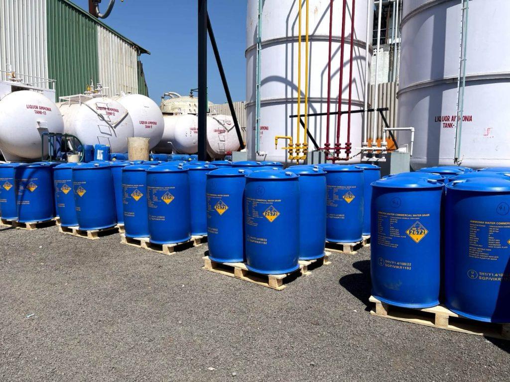 Liquor ammonia drums ready for dispatch, Kamdhenu Industries Gujarat